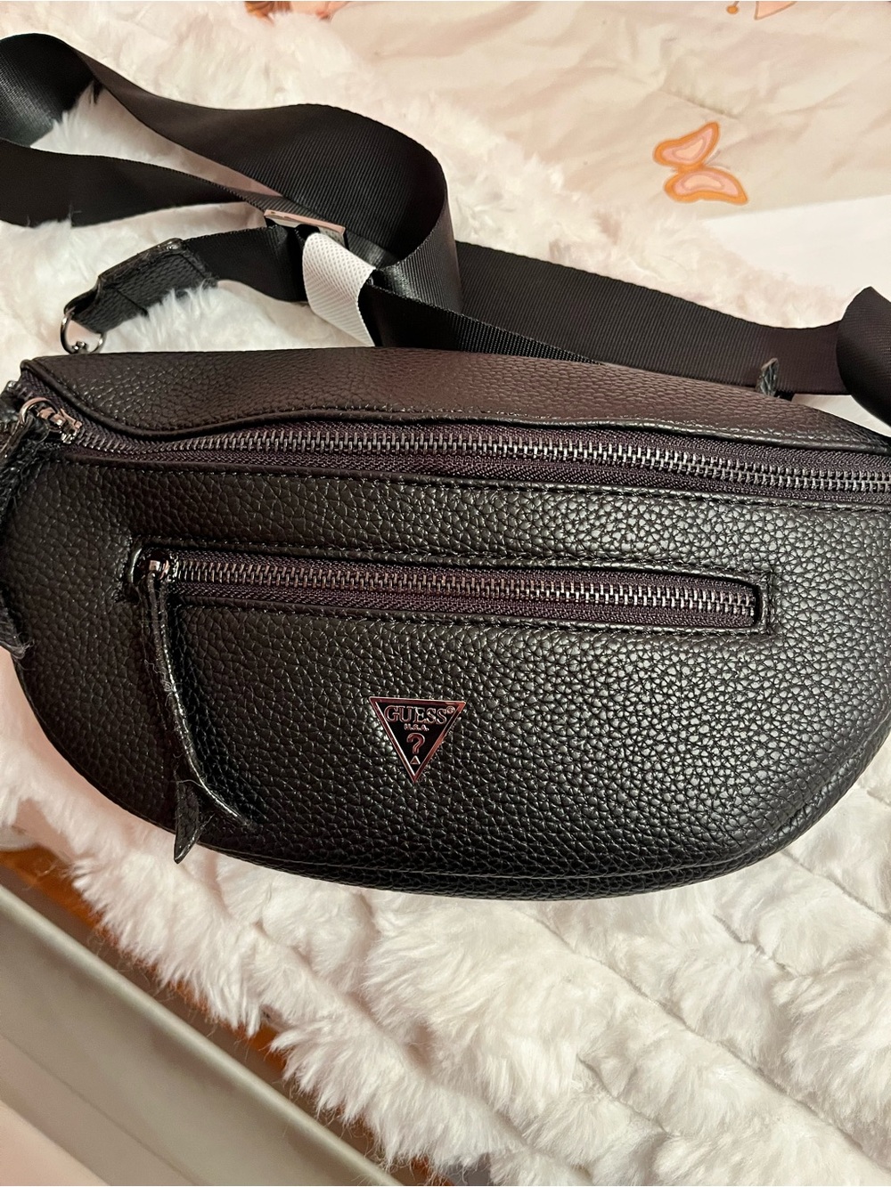 GUESS Black Pebbled Leather Crossbody Belt Bag